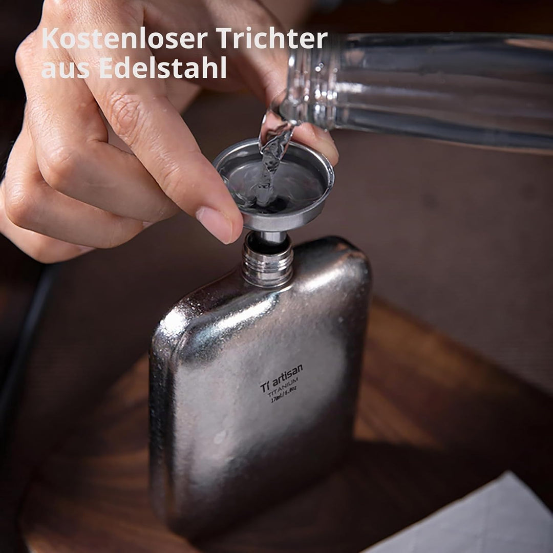 Ti artisan Titan Flachmann mit Trichter Ultraleichte Squre Titanium Hip Flask Whisky Glaskolben für