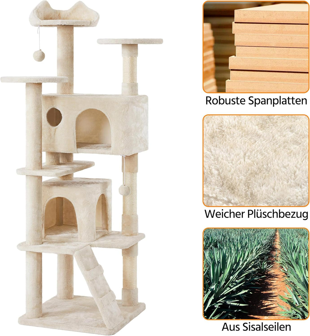 Yaheetech 178 cm Kratzbaum gross Stabiler Katzenbaum mit 2 Höhlen beige | FSC-zertifizierte Spanplat