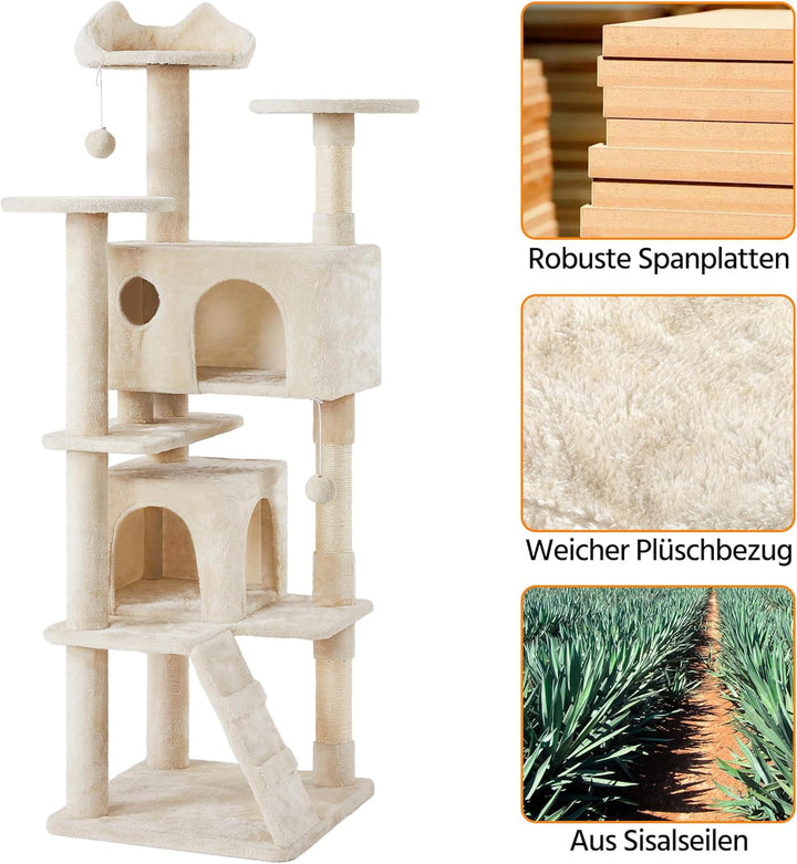 Yaheetech 178 cm Kratzbaum gross Stabiler Katzenbaum mit 2 Höhlen beige | FSC-zertifizierte Spanplat