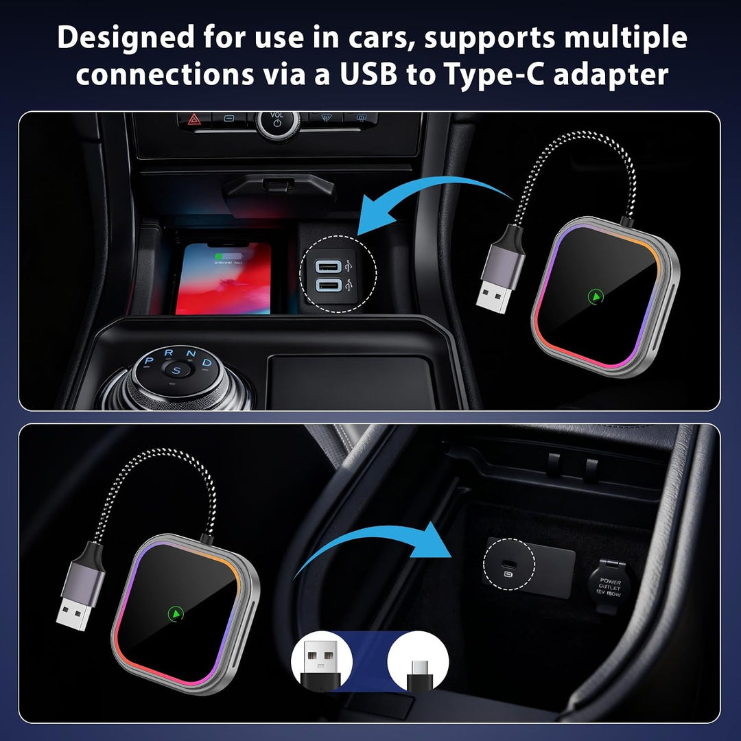 Wireless Carplay Adapter, 2 in 1 Carplay Wireless Adapter mit RGB Beleuchtung, Upgrade auf kabellose