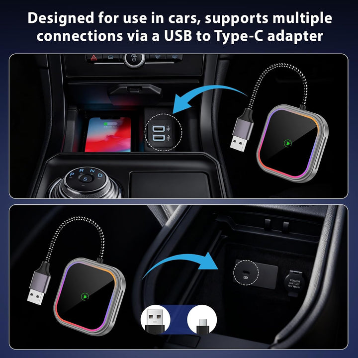 Wireless Carplay Adapter, 2 in 1 Carplay Wireless Adapter mit RGB Beleuchtung, Upgrade auf kabellose