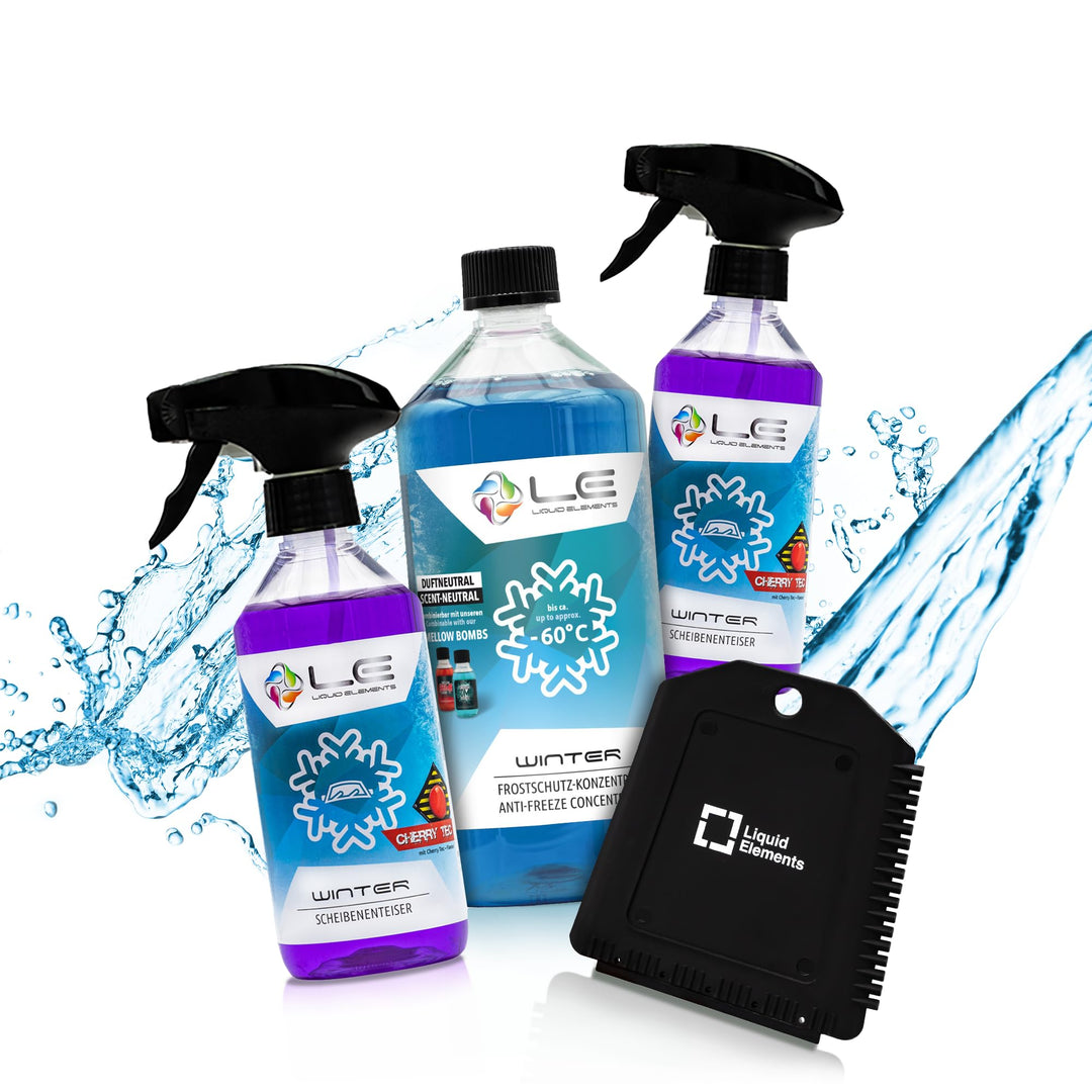 Liquid Elements – Scheibenfrostschutz Winter Set mit 1x Frostschutzmittel, 2X Enteiserspray & 1x Eis