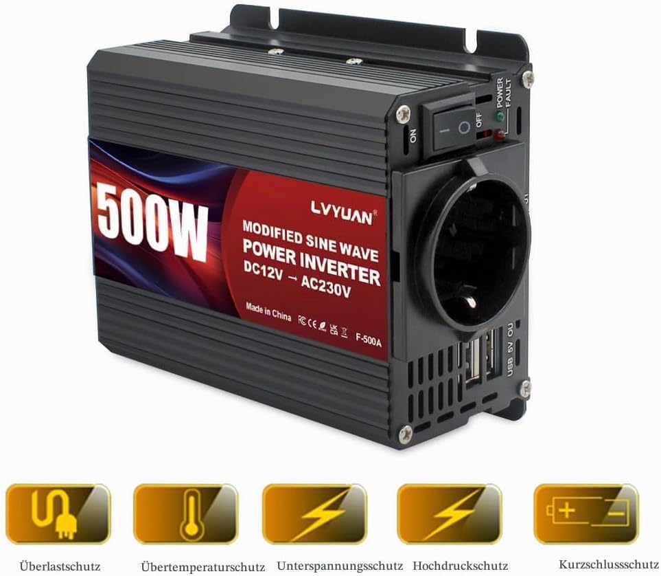 LVYUAN Wechselrichter 12V auf 230V 500W Spannungswandler, Stromwandler mit Dual-USB-Anschluss und EU