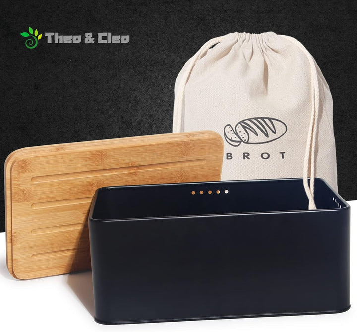 Theo&Cleo Brotkasten mit Schneidebrett , 33x21x15cm , Matte Brotbox mit Bambusdeckel und Leinen Brot