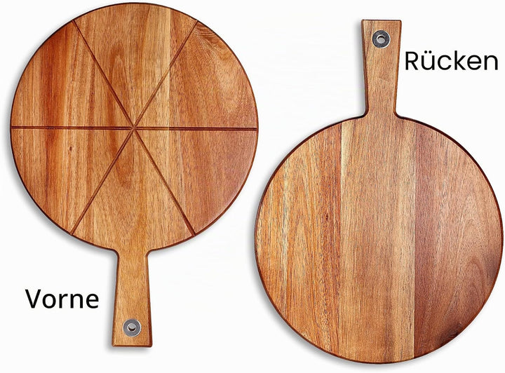 Pizzabrett Akazienholz, TJ POP 30 x30 cm Pizzateller Pizzaschneidebrett mit Pizzaschneider und Pizza