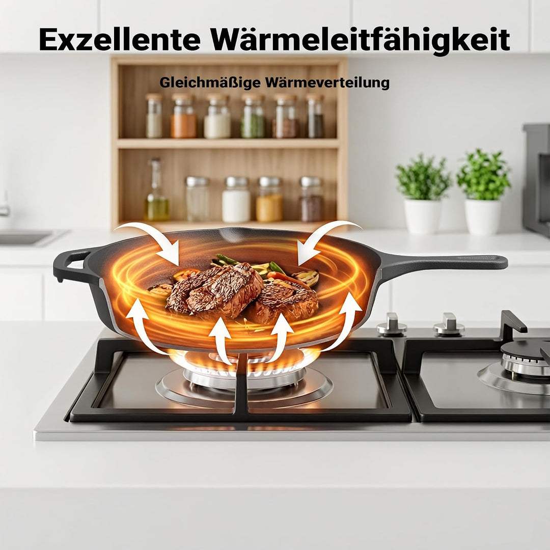 Wiltec Bratpfanne aus Gusseisen Ø30cm, Feuerpfanne mit Griff und Ausgiesser, Grillpfanne Ø 300 x 55