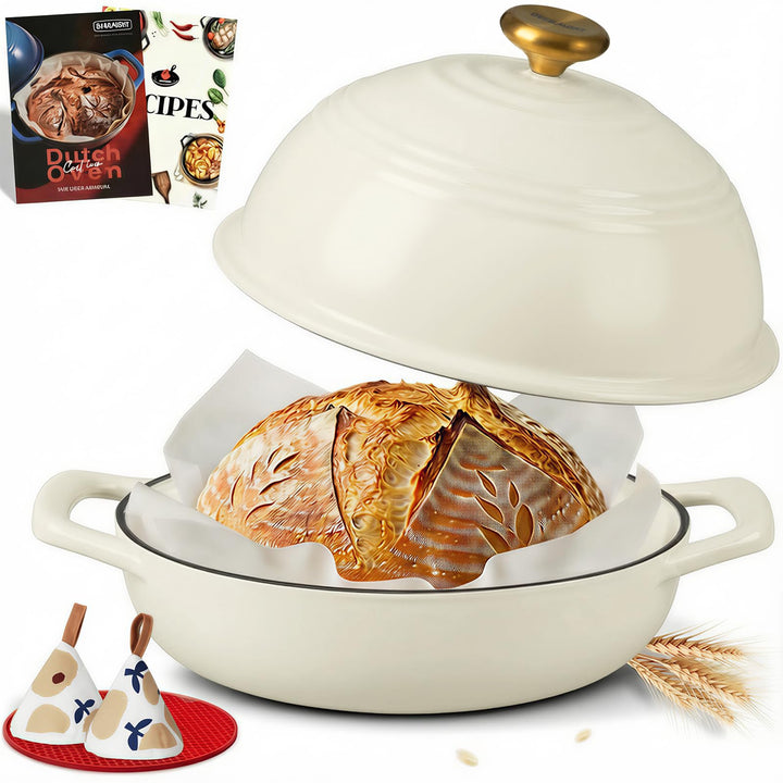 Overmont Gusseisen Topf Emaille Brotbacktopf - 5.7L Bräter Schmortopf mit Deckel und Kochbuch – für