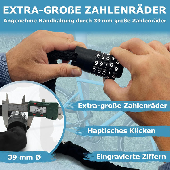 WIDDER Sicheres 8mm Kettenschloss mit Zahlencode (120cm lang, extra-grosse Zahlenräder, gehärtete St