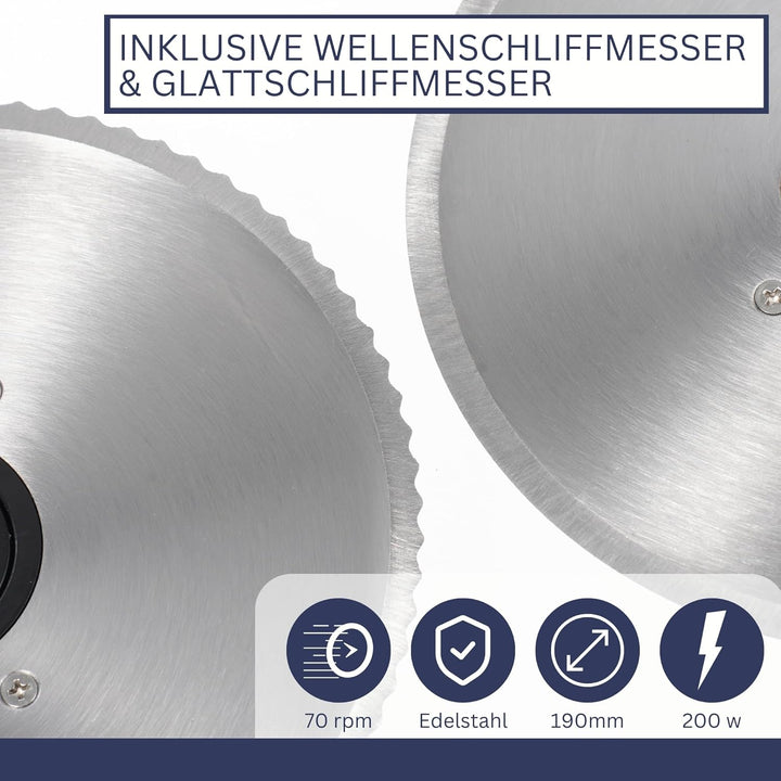 Sommertal Allesschneider AS190 DUAL 200W Edelstahlmesser mit Wellenschliff und glatten Schliff, plat