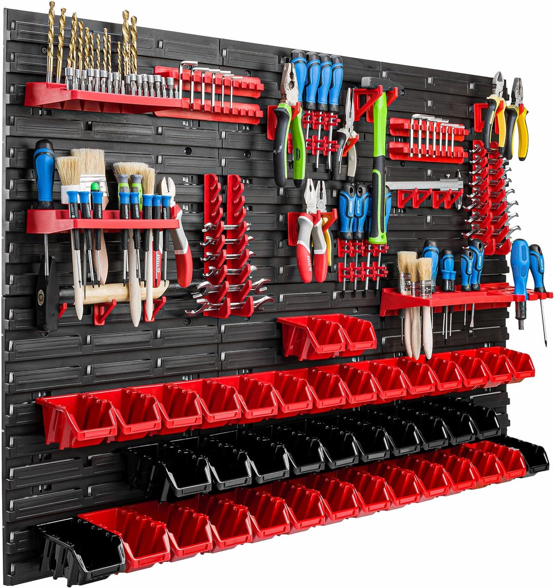 Lagersystem Werkstattregal | 117 x 78 cm | 40 stck. Box | Wandregal mit Werkzeughalterungen und Stap