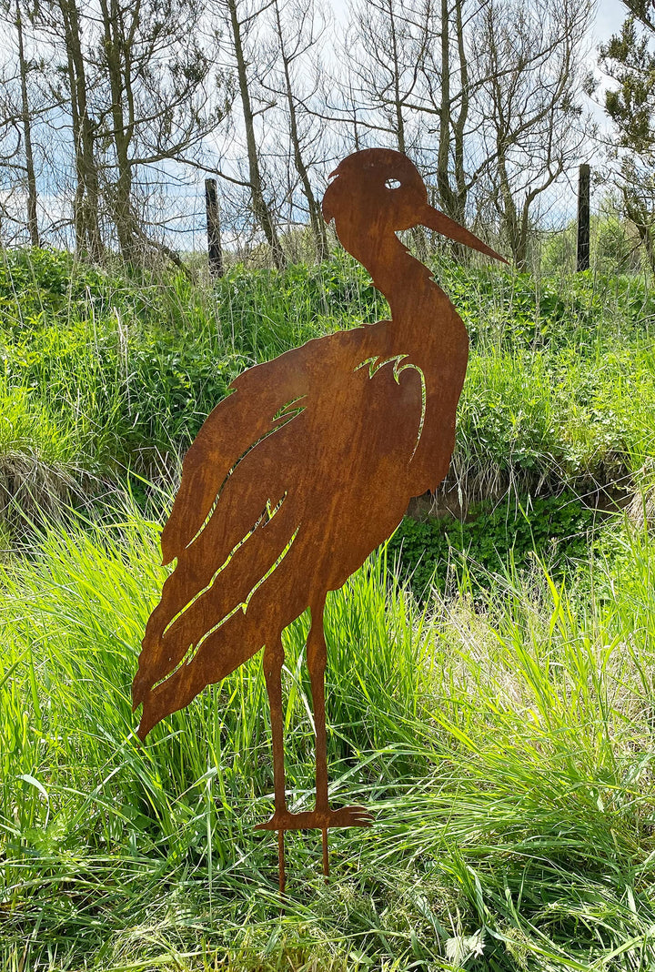 Reiher stehend 75x43cm + Stäbe Gartenstecker Edelrost Gartendeko Wetterfest Rost Teichdeko Metall Kr
