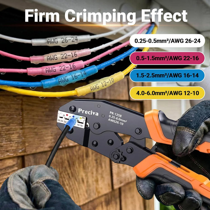 Preciva Crimpzange mit 180 Wärmeschrumpf-Schrumpfverbindern (0,25-6mm²), Quetschverbinder-Crimpzange