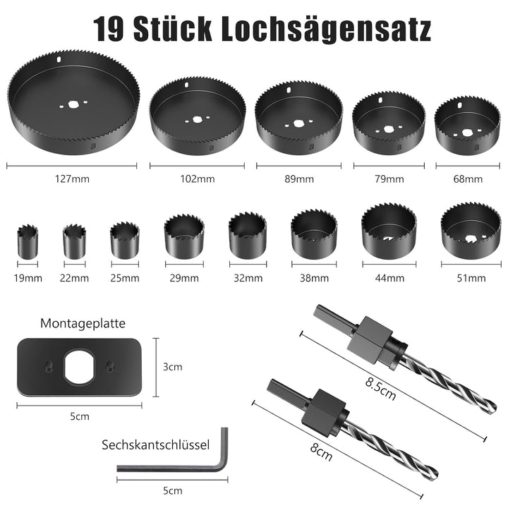Lochsäge Set, HYCHIKA 19 PCS Lochsäge Kit mit 13 Sägeblättern ‎Ø 19/22/25/29/32/38/44/51/68/79/89/10