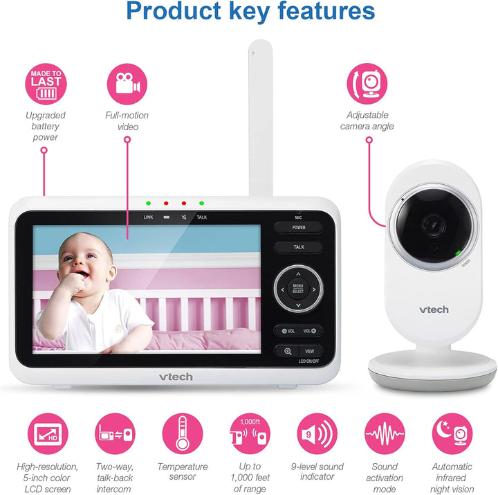 Vtech VM350 Babyphone mit Kamera 5 Zoll Video Baby Monitor, Klarer Sound babyfon mit Kamera LCD-Farb