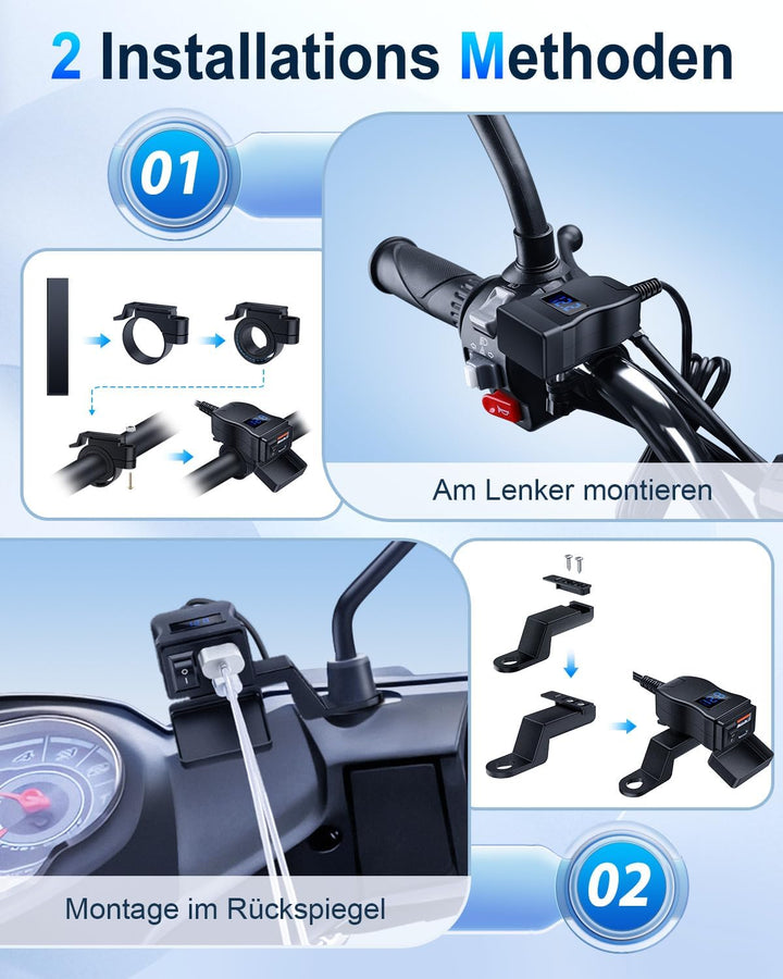 EXTRACTME Motorrad USB Ladegerät, Dual USB Typ C PD & Quick Charge 3.0 Motorrad Handy Ladegerät mit