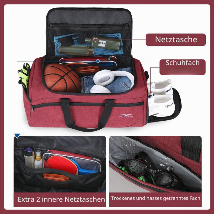 FIORETTO 50L Sporttasche &amp; Reisetasche für Damen und Herren, mit Schuhfach &amp; Nassfach, Wasserdicht T