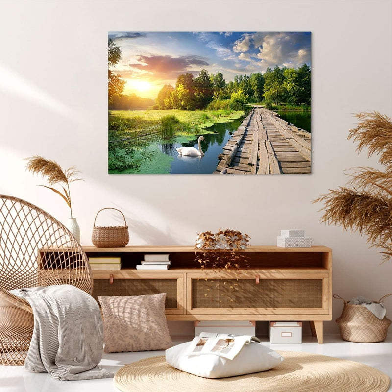 Bilder auf Leinwand 100x70cm Leinwandbild Architektur Promenade Schwan Landschaft Gross Wanddeko Bil