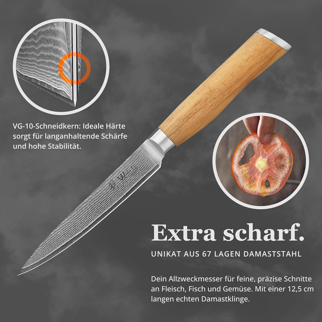 Wakoli Olive Damastmesser Allzweckmesser extrem scharfe 12,50 cm Klinge aus 67 Lagen I Damast Küchen