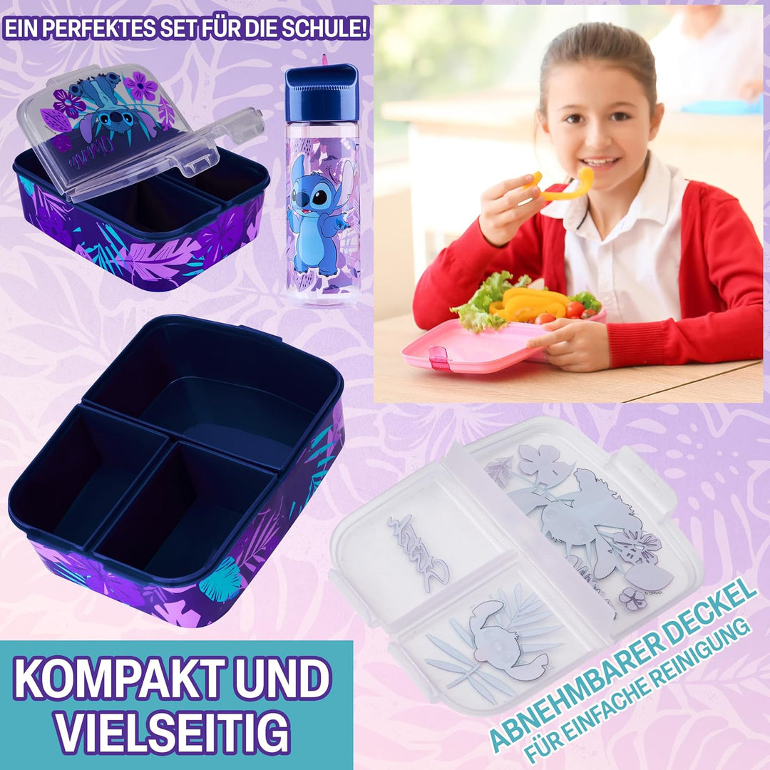 Disney Stitch Kinder Lunchbox mit Fächern und Wasserflasche für Schule und Ausflüge (Blau/Lila)