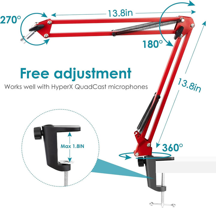 HyperX QuadCast Mikrofonarm Rot, Professioneller Studio Boom Arm mit Schaumstoff Pop-Filter, Mic Stä
