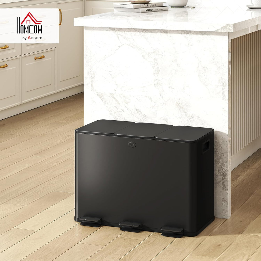 HOMCOM Mülleimer Küche 3 x 15 L Treteimer mit Softclose-Deckel und Pedal Mülltrennsystem 3 Fächer in