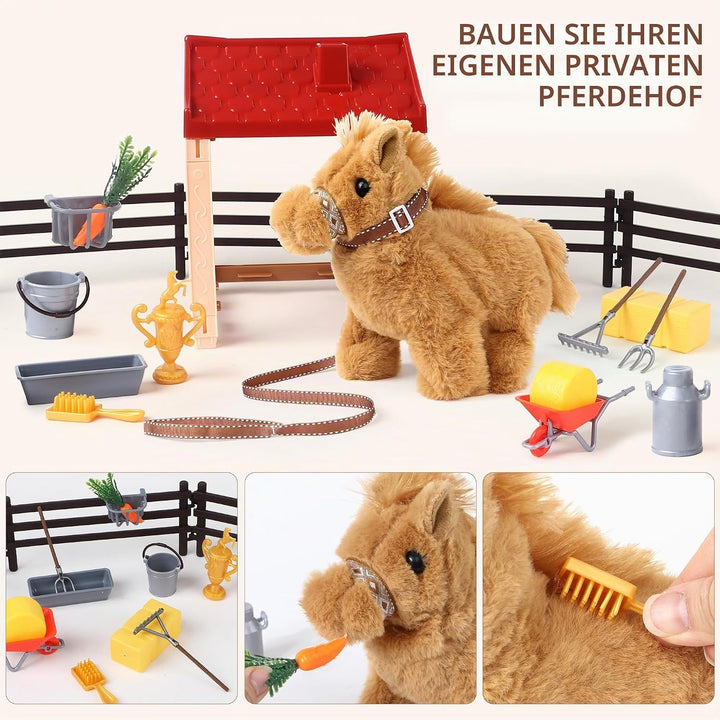 Tacobear Interaktives Pferd Spielzeug für Kinder, Kuscheltier Pferd der Läuft mit Stall &amp; Zaun, Elek