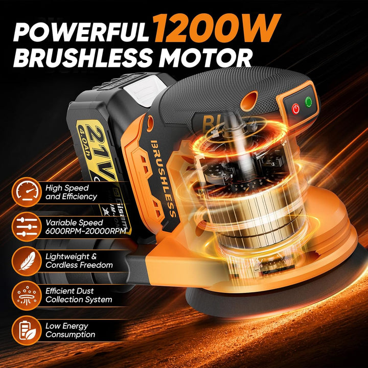 Exzenterschleifer 125mm 1200W bürstenlos Schleifmaschine für Holz Metall Yell, Yell