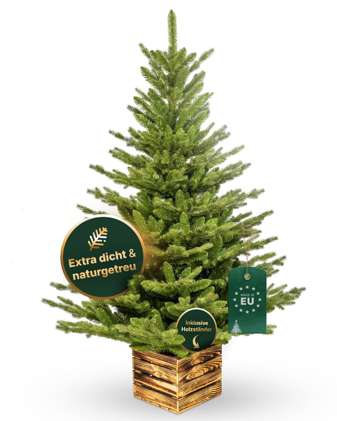 Premium Künstlicher Weihnachtsbaum 150 cm I Künstlicher Tannenbaum mit Holzkisten-Ständer I Zweige I