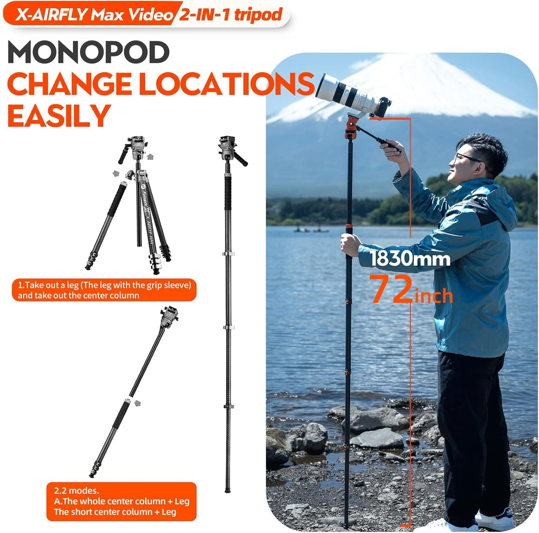 Fotopro X-AIRFLY Max Video 171 cm Kohlefaser-Videostativ – 28 mm Rohre, 36 mm Kugelkopf + Flüssigkei