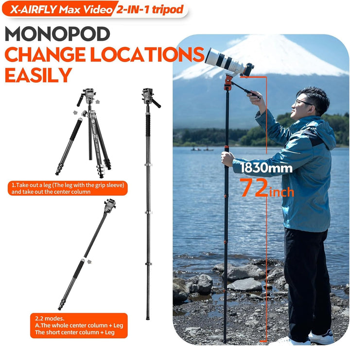 Fotopro X-AIRFLY Max Video 171 cm Kohlefaser-Videostativ – 28 mm Rohre, 36 mm Kugelkopf + Flüssigkei