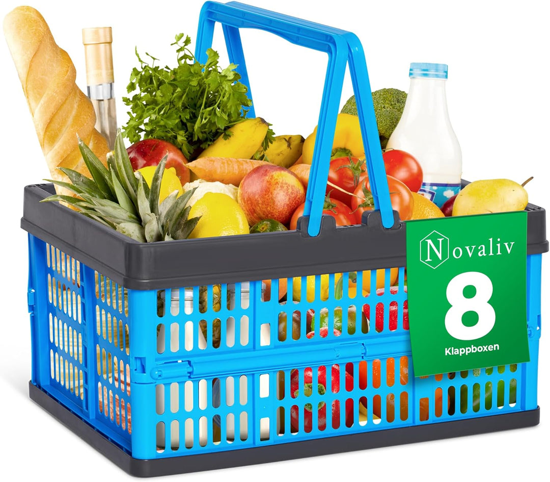 Novaliv Klappbox Blau 8er Set - 16L Faltkorb mit Henkeln - Vielseitiger Einkaufskorb - Praktische Au