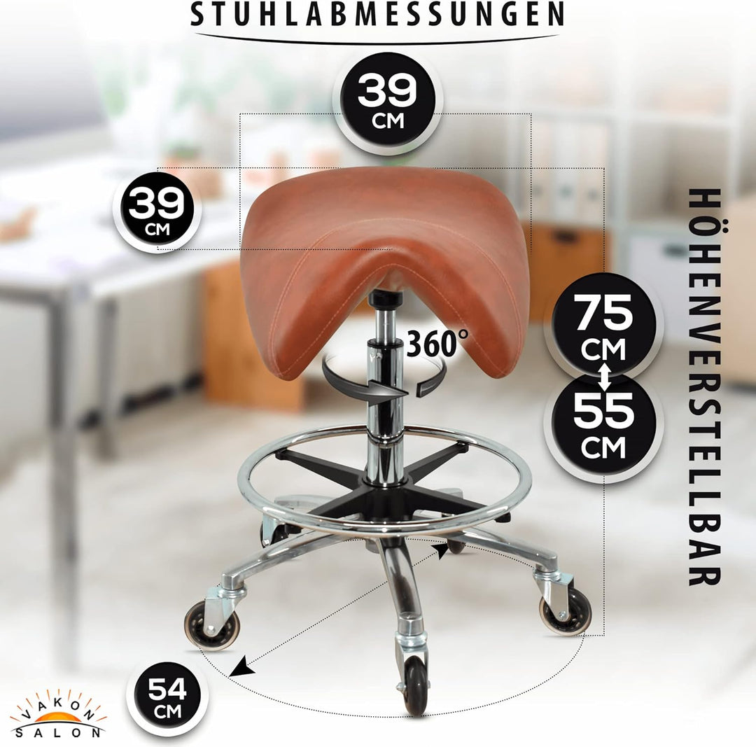 Premium Sattelhocker Hellbraun, Sattelstuhl für Rückenentlastung, Rollhocker höhenverstellbar von 55
