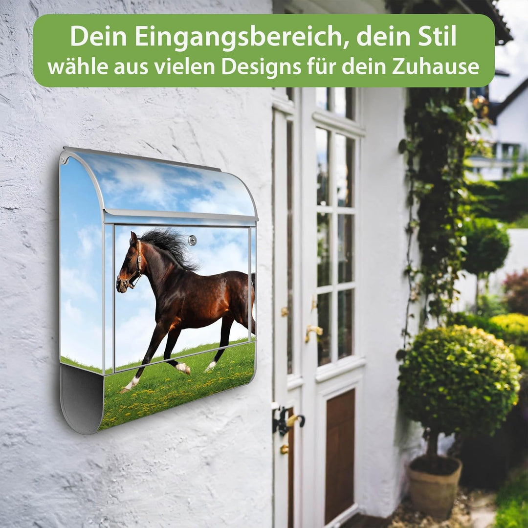 banjado® Design Briefkasten mit Motiv Pferd 39x47x14cm &amp; 2 Schlüssel - Briefkasten Stahl Silber mit