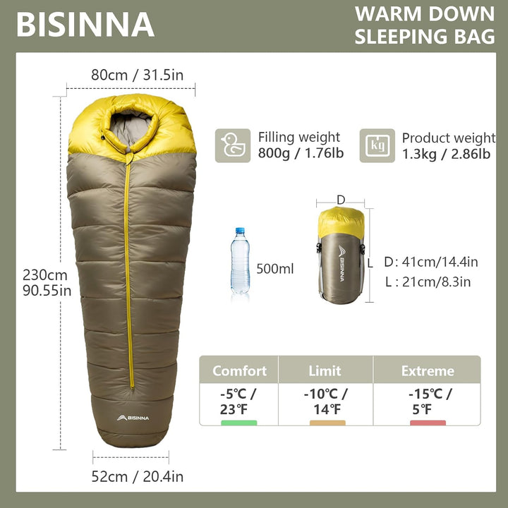 BISINNA Ultraleichter Daunenschlafsack in Mumienform | bis 0°C wintertauglich, 600-1000g Leichtgewic