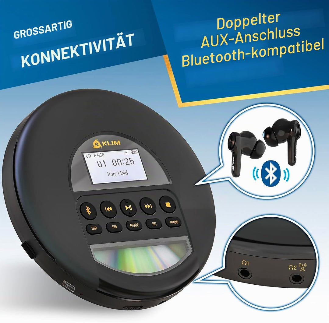 KLIM Nomad CD Player Bluetooth - Tragbarer CD-Player Discman mit langlebigem Akku - Inklusive Kopfhö