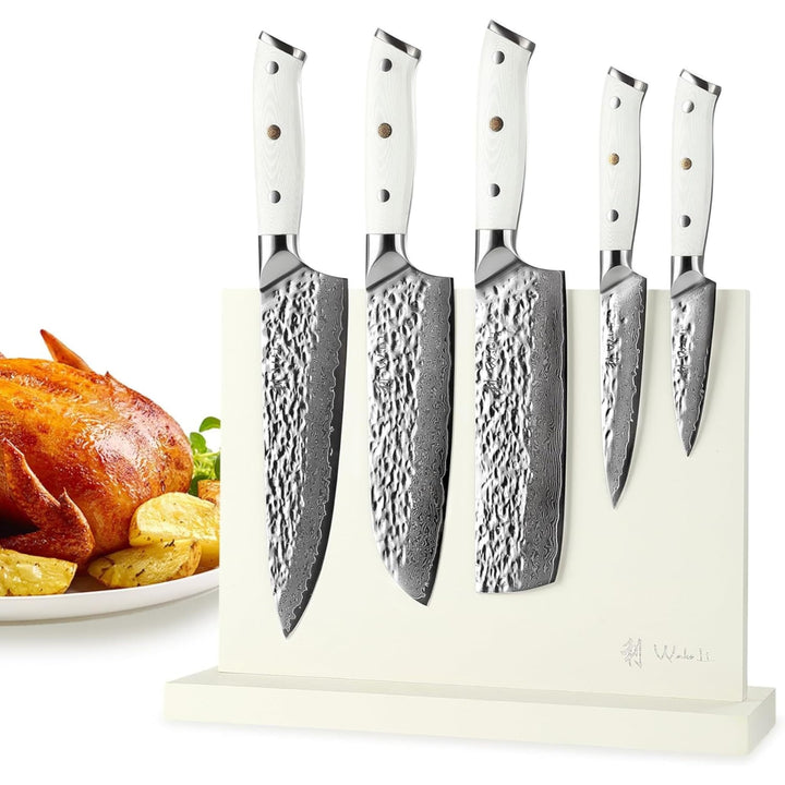 Wakoli Perle Blanche Damastmesser-Set mit Messerblock | 5-teilig, 9–20 cm Klingen aus 67 Lagen Damas