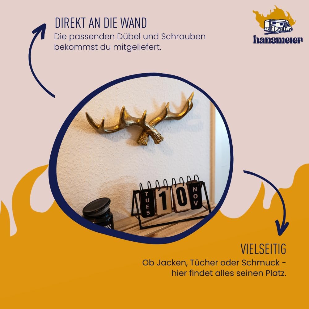 Hansmeier® Geweih Wandgarderobe Kleiderhaken Garderobenhaken | Gold | Für Aussen, Innen, Balkon & Ga