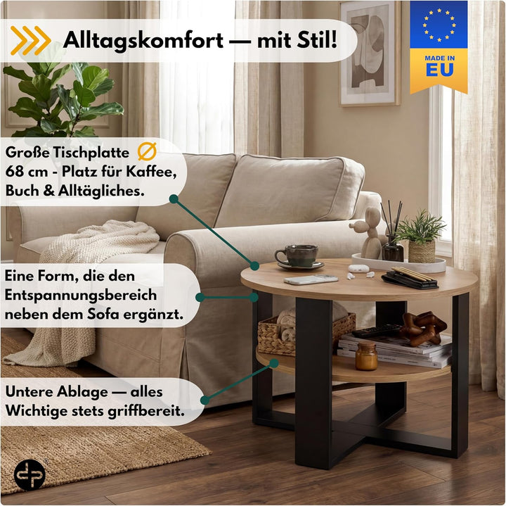defiPad Couchtisch rund Eiche Ø70 cm - Beistelltisch mit Ablage - 2 Ebenen, runder moderner Kaffeeti
