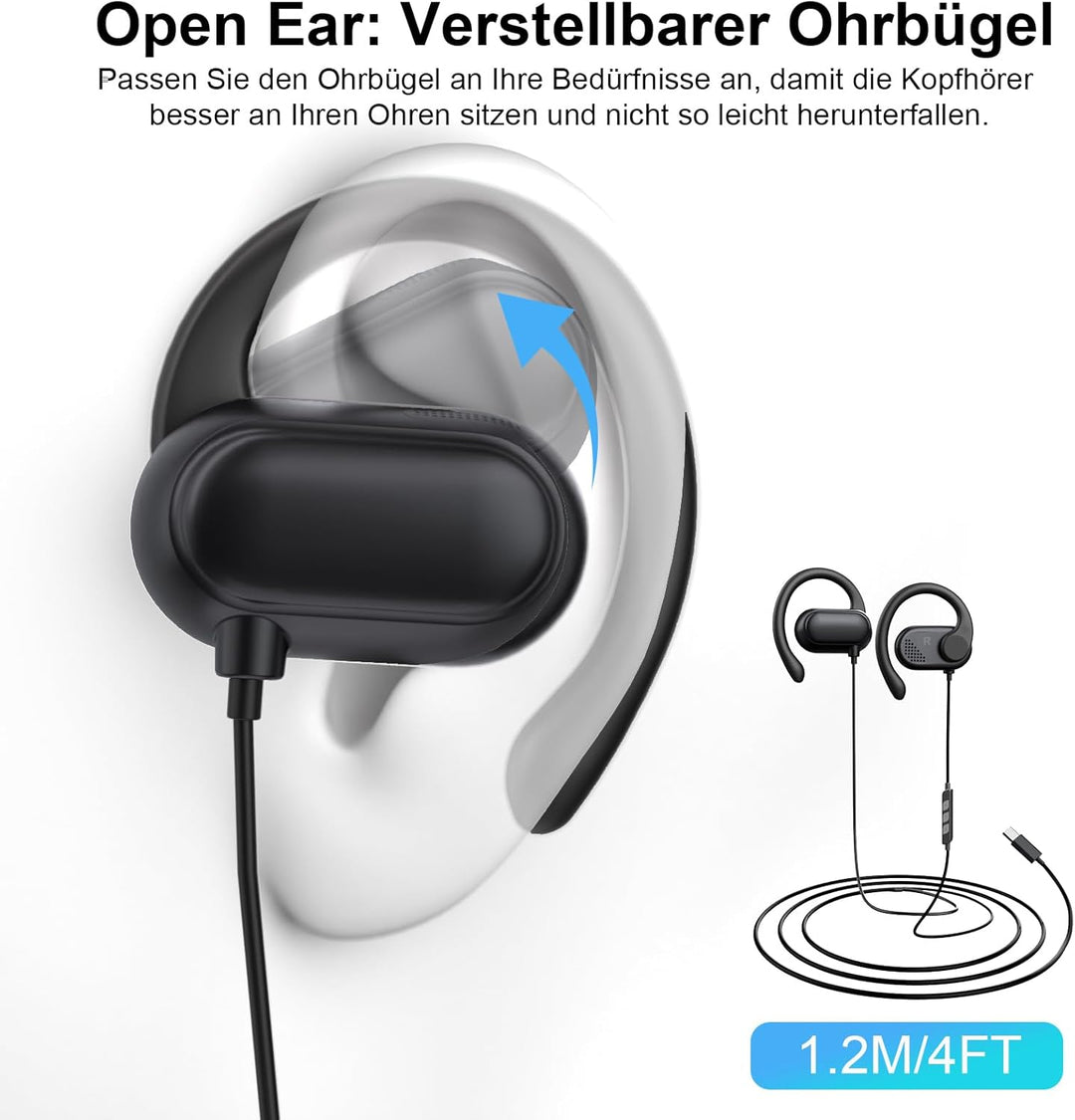 Open-Ear Kopfhörer USB C Sport Verstellbare Ohrhaken Mikrofon & Lautstärkeregler Typ C Kopfhörer mit