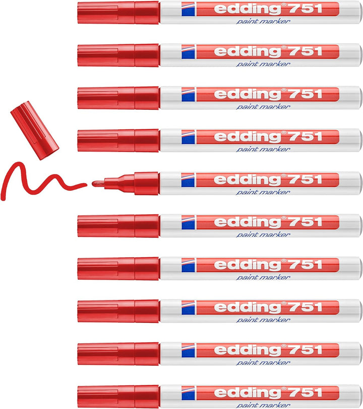 edding 751 Lackmarker - rot - 10 Stifte - Rundspitze 1-2 mm - Lackstift zur Markierung und Beschrift