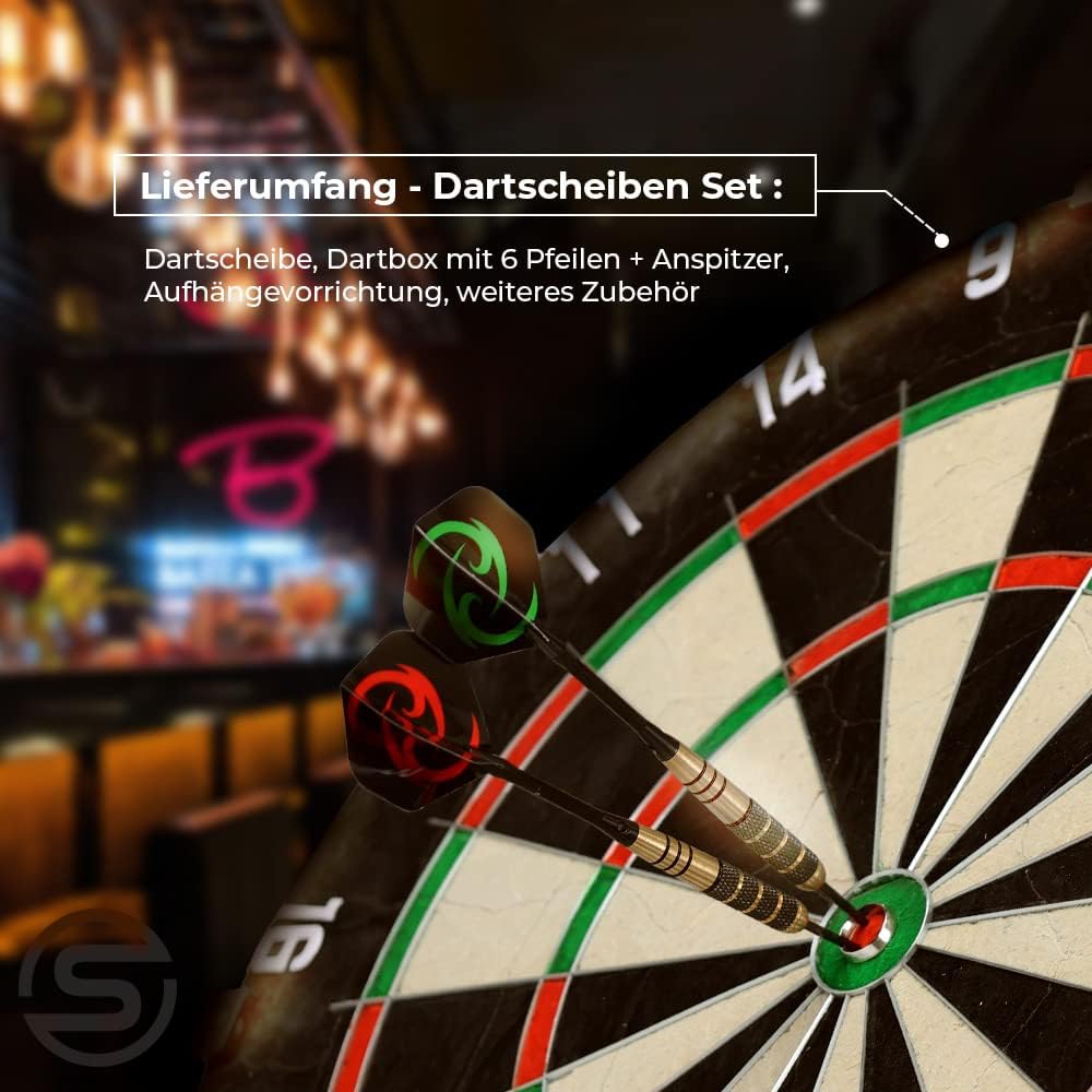 Sportisfaction Dartscheibe Set, Steeldart Scheibe aus Sisal mit 6 Pfeilen &amp; Anspitzer und verstellba