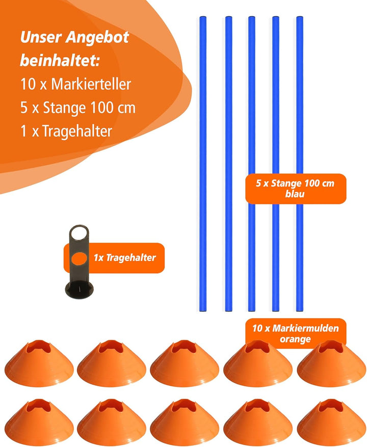 Cavaletti Mini-Hürden 5er Set – Mulden Orange & Stangen Blau – sichere Trainingshürden für Hunde – A