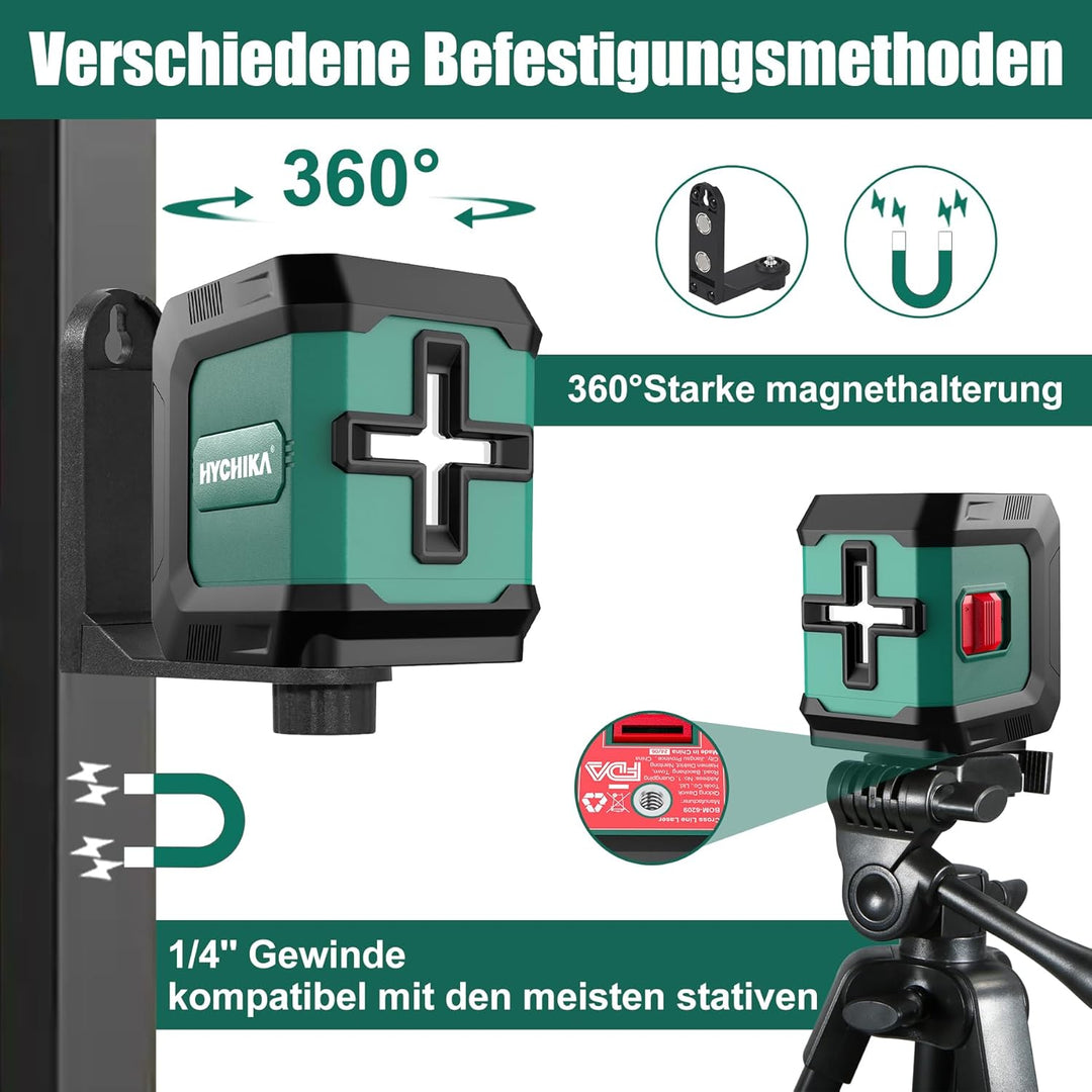HYCHIKA Kreuzlinienlaser Grün, Selbstnivellierend Linienlaser 15M, Laser Wasserwaage 3 Stufen der He