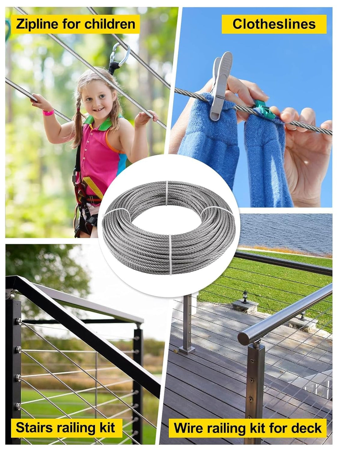TooTaci 5mm T316 Edelstahlseil, 30M /5mm Drahtseil, Schwerlast-Geländerset – 7×19 Litzen Marinequali