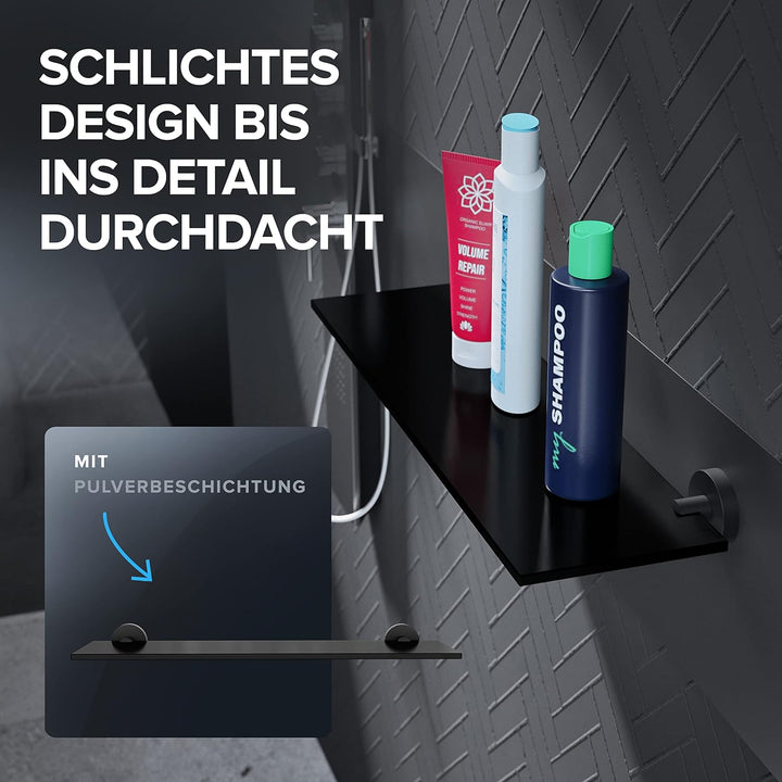 ovimar Badablage Flakstadoy | Edelstahl | schwarz matt | Glasablage zum Bohren | schwarz matt | häng