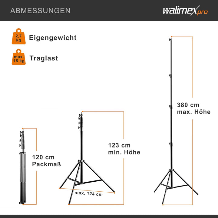 Walimex pro AIR 380 Deluxe Lampenstativ 380cm - Lichtstativ mit Luftfederung, Höhe max 380cm, 15 kg