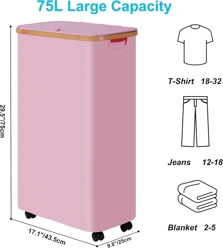 efluky Wäschekorb mit Rollen, 75L Faltbarer Wäschekorb mit Deckel, Rosa Schlanker Wäschebehälter mit