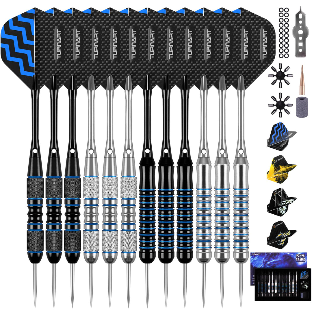 Turnart Dartpfeile mit Metallspitze, 12 Stück Profi Steeldarts mit Dart Case Blau -A, Blau -A