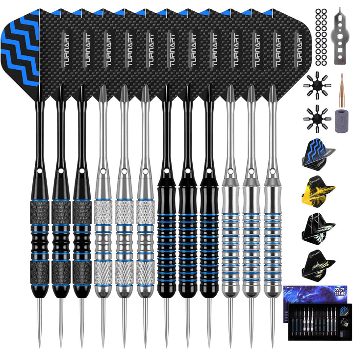 Turnart Dartpfeile mit Metallspitze, 12 Stück Profi Steeldarts mit Dart Case Blau -A, Blau -A