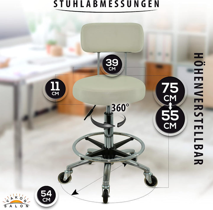 Premium Rollhocker in Weiss mit Lehne und Fussring - Höhenverstellbar 55-75 cm - Rundsitz Drehhocker